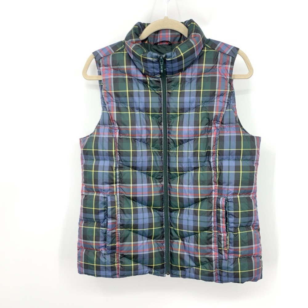 Lands End Women Size Medium 10 12 Vest Green Blue Plaid Quilted Puffer Jacket